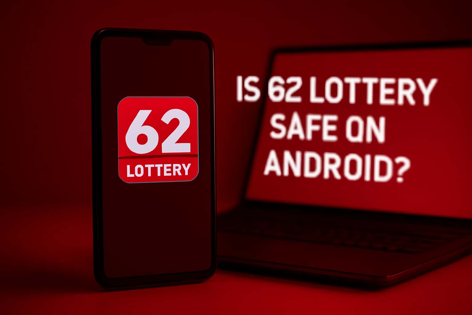 An informative scene illustrating the safety features of the 62 Lottery app on Android.